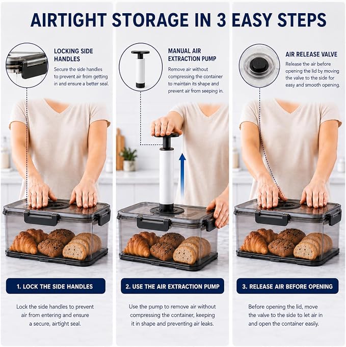 Airtight Bread Box, Kitchen Storage Container, Small 2.5L | Clear BPA-free plastic, manual air pump, date dial, silicone seal and drain tray; for small loaves, bagels and pastries