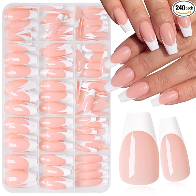 240pc Medium French Tip Press on Nails Coffin Fake Nails with Glue Tabs | Medium Nails Press ons Coffin Glue on Nails Nude Acrylic Nails Stick False Nail Artificial Fingernail for Women Girls
