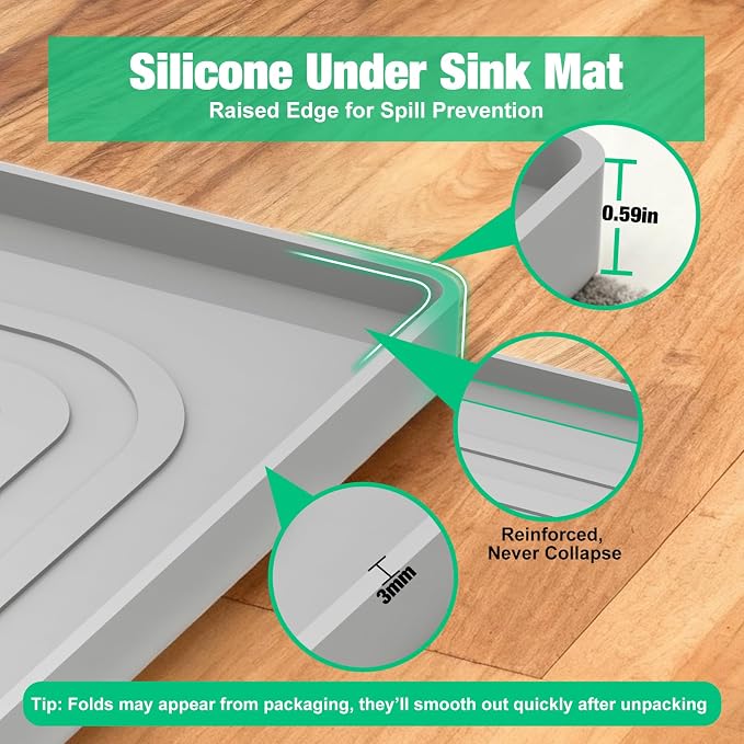 Under Sink Mat 31" X 22", Waterproof Silicone Cabinet Kitchen Liner, Gray | BPA-Free Raised-Edge Cabinet Protector & Leak Tray for Bathroom Cabinets, Boots, Pet Feeding Dog & Cat Mats, Dishwasher Safe
