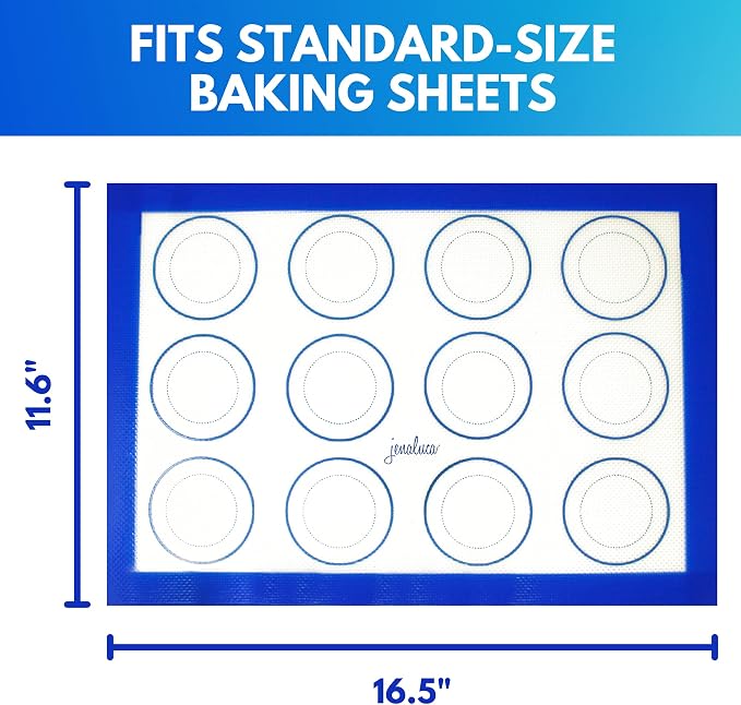 Silicone Baking & Cookie Mats 2 Pack, Non-Stick, 16.5 x 11.6 in | Food grade silicone liner with cookie measurements. Heat resistant to 480F, dishwasher safe, non-slip.