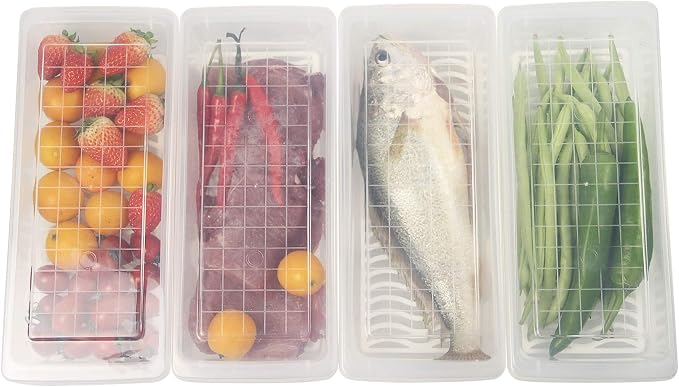 4PCS Food Storage Container, Plastic Food Containers Small | [With Removable Drain Plate and Lid], [Stackable Portable Freezer Storage Containers]-Tray to Keep Fruits, Vegetables, Meat