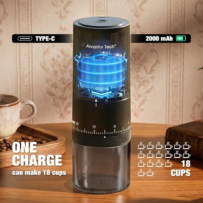Portable Electric Burr Coffee Grinder - Cordless Rechargeable Coffee Grinder with Ceramic Conical Burr, USB-C, Ultra Quiet <65dB, 38 Adjustable Settings, Travel Coffee Grinder for Camping Office Home