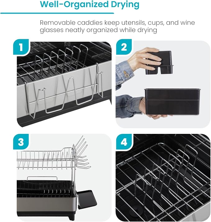 Home Zone Living Dish Drying Rack for Kitchen Counter with 2-Tiers | Stainless Steel with Drip Tray, Extendable Water Drainage Pipe, and Holders for Utensils, Wine Glasses and Cutting Board