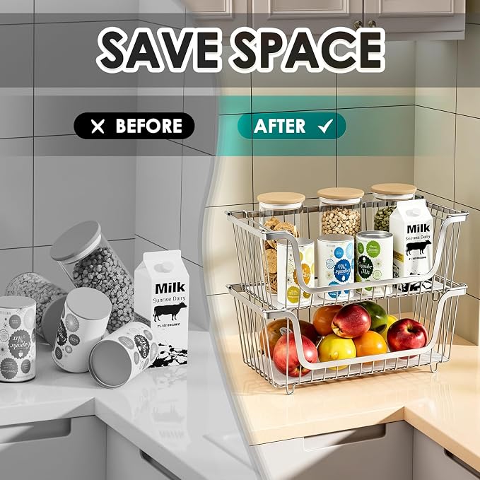 4 Pcs Stackable Wire Baskets for Pantry Organizers and Storage,silver | Vegetable Fruit Basket for Countertop,Kitchen Storage Metal Baskets,Produce Potato Onion Storage Bin,