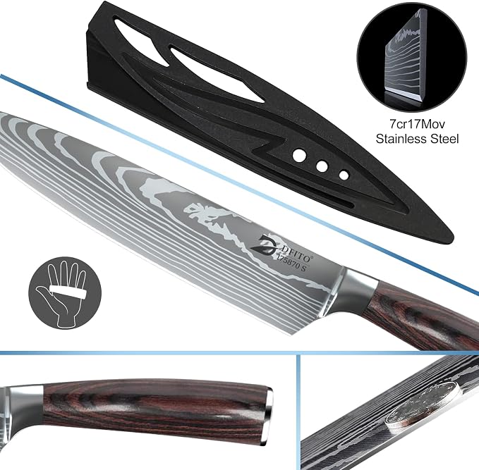 Chef Knife Sets with Roll Bag, 9 Pieces Professional Knife Set | High Carbon Stainless Steel Kitchen Knife Set with Sharpener, Red Pakkawood Handle, Kitchen & Home Cooking, Dishwasher Safe