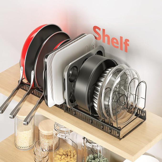 Pots and Pans Organizer under Cabinet, 11.8-22.8" 12 Dividers Black | Extends 11.8-22.8", Holds pot lids, pans, cookware and bakeware, Adjustable dividers, for under cabinet or countertop