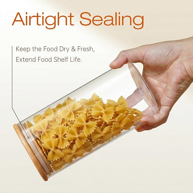 27 oz Glass Jars with Bamboo Lids, Airtight Food Storage Containers, 6 Pack | Pantry Jars for Pasta, Rice, Sugar & Flour, Durable Borosilicate Glass Canisters Keep Food Dry & Fresh, Easy to Fill & Clean