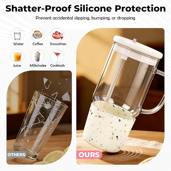 40oz Glass Tumbler with Flip Straw Lid, Handle, Silicone Sleeve, Beige | Leakproof Lid, Fits Car Cup Holder Glass for Iced Coffee, Water, Cold Drinks, Travel, Outdoor, Partys&Home