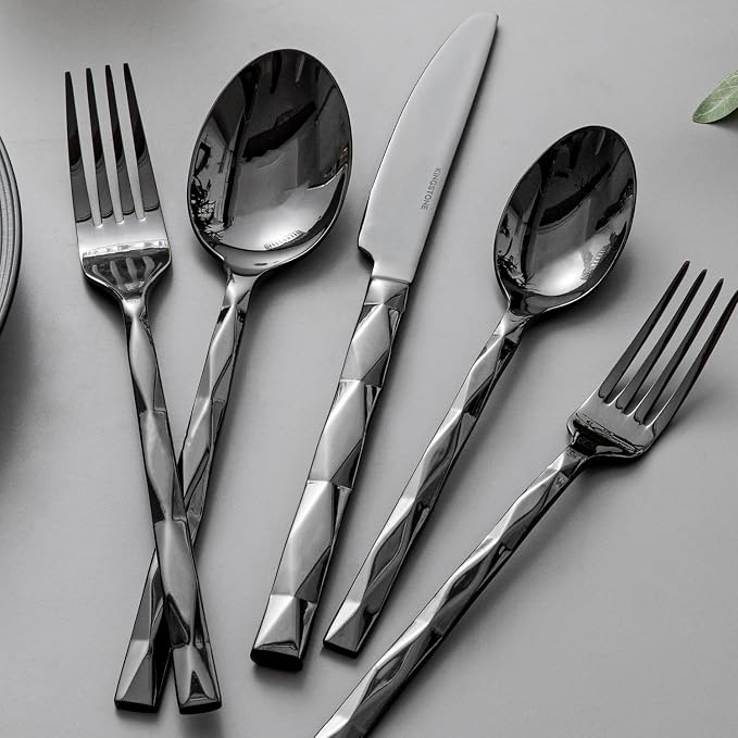 Black Silverware Set, Luxury 40 Piece Flatware Set for, 18/10 Stainless Steel Cutlery Set with Diamond Cut Pattern for Kitchen, Home, Wedding, Party, Mirror Polished and Dishwasher Safe