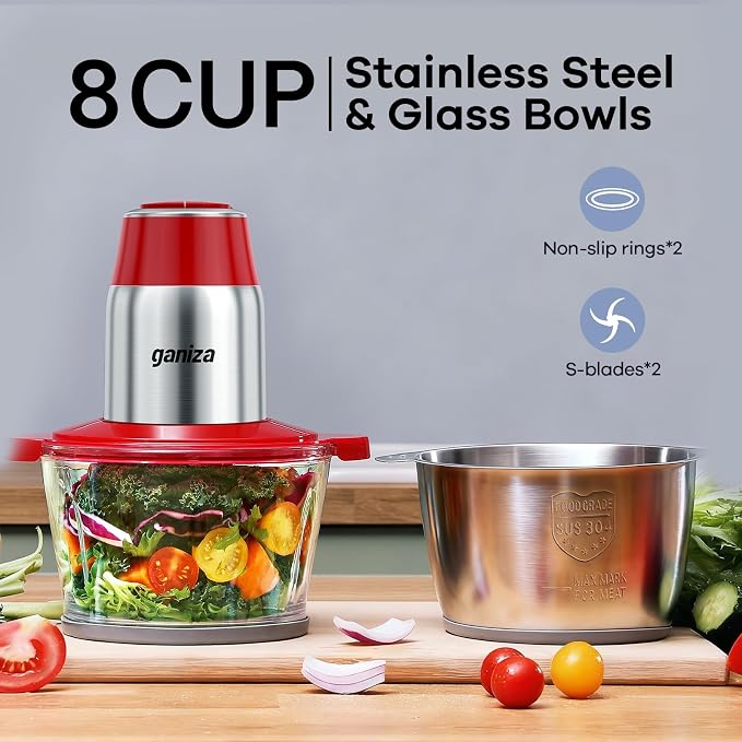 Ganiza Food Processors with 2 Bowls, 450W Meat Grinder Vegetable Chopper | 2-Speed Electric Food Chopper with 8 Cup Glass & 8 Cup Stainless Steel Bowls -Includes 2 Sets of Blades for Fruits/Meat/Nuts