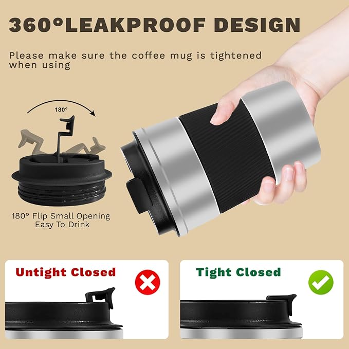 Vacuum Insulated Stainless Steel Travel Coffee Mug,Leak Proof Cup with Lid | 304 stainless steel mug with vacuum insulation, leak proof lid, silicone grip and car cup holder friendly design