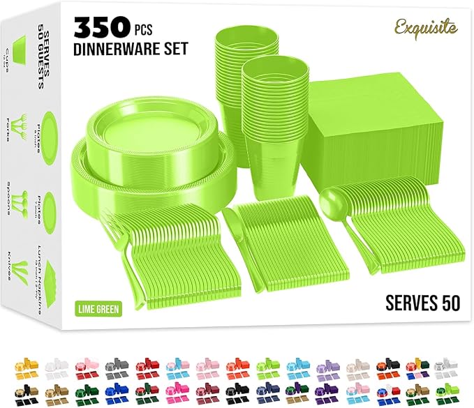 350 Pcs Lime Green Plastic Plates For Party, Lime Green Disposable Plates Set, 50 Of Each 9" Dinner Plate Set, 7" Dessert Plate, Cups, Napkins & Cutlery Plastic Dinnerware Set Exquisite
