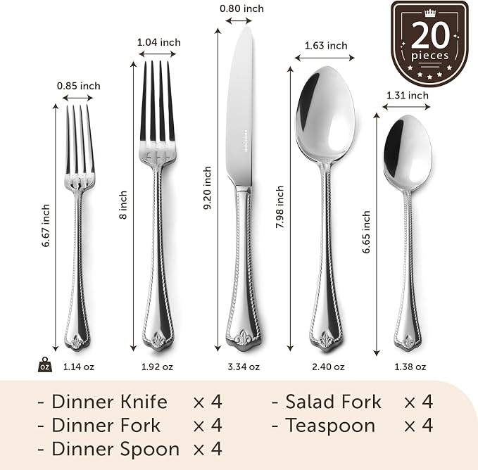 20-Piece Silverware Set, 18/10 Stainless Steel Flatware Set for 4 | Vintage Cutlery Set for Kitchen, Home, Wedding, Party, Mirror Polished and Dishwasher Safe, Featured Gifts