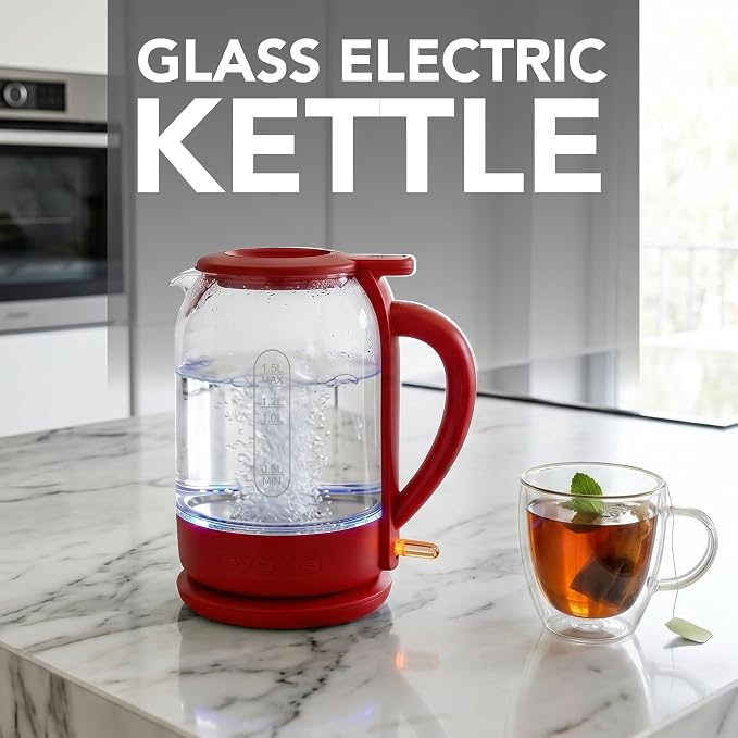 OVENTE 1.5L Glass Electric Kettle Water Boiler, Red KG516R | 1500W Fast Boiling, Easy Fill Lid, Stainless Steel Filter, LED Indicator, Auto Shut-Off, Boil-Dry Protection, 360° Base