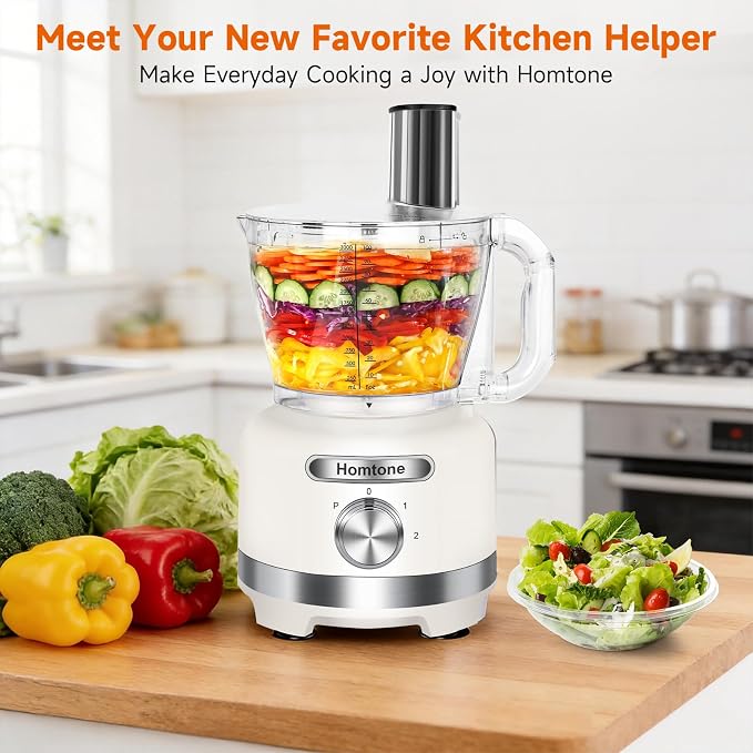Homtone 16-Cup Food Processor, Large 9-IN-1 Food Veggie Chopper for Home Meal Prep, 7 Blades for Shredding, Slicing, Chopping, Kneading, Emulsifying, Dishwasher Safe, 600W (White, 16 cup)