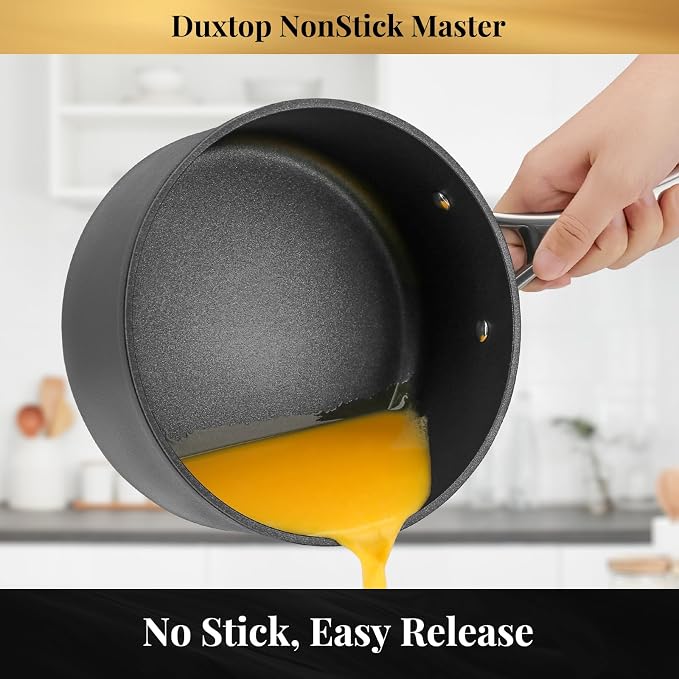 Duxtop Nonstick Saucepans Hard Anodized 3 Quart Sauce Pan with Lid | Aluminum Cooking Pot, PFAS-Free, Oven Safe to 500°F