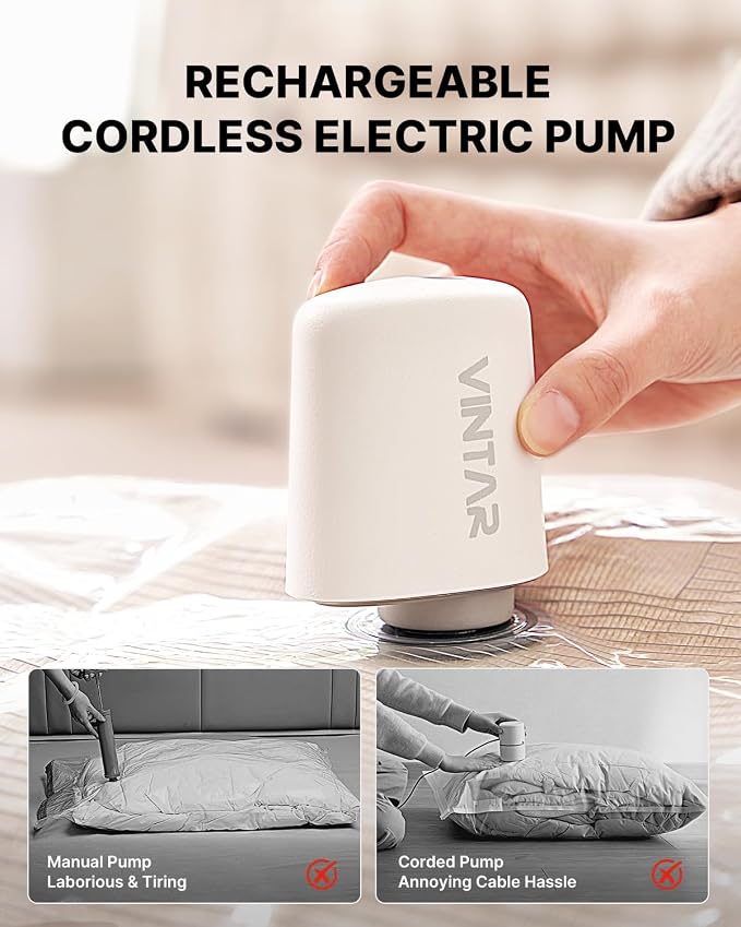 VINTAR Mini Cordless Electric Travel Vacuum Pump for Vacuum Storage Bags | Portable Vacuum Sealer for Travel, USB Rechargeable Air Pump, 4.5kPa Suction, Space Savered, For Compression Clothing Luggage