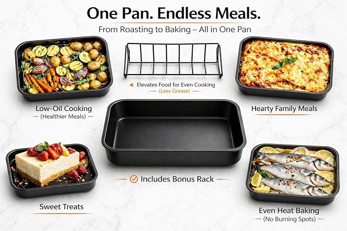 Moss & Stone 16.5” Roasting Pan with Rack – Heavy Duty Nonstick Carbon Steel Turkey Roaster, Large Rectangular Oven Pan with V-Rack, Bonus Carving Fork & Chef Knife
