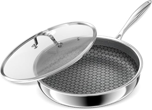 Hybrid Non Stick Frying Pans, 10-inch Stainless Steel Frying Pans with Tempered Glass Lid, 5 Ply Induction Cookware, Dishwasher-Friendly, Oven-Safe Up to 800°F, Compatible with All Cooktops