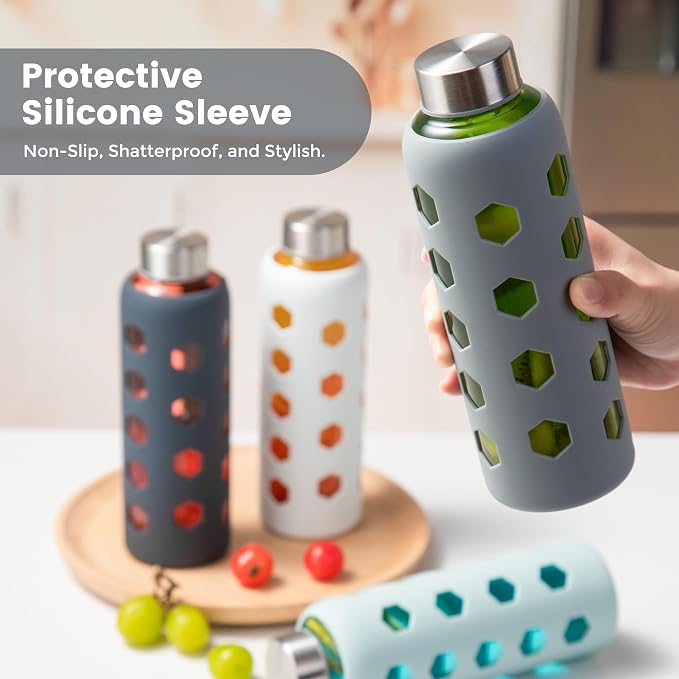 Mrsdry 18 oz Glass Water Bottles with Lids & Silicone Sleeves, 4-Pack | BPA Free, Leak-Proof Reusable Glass Drinking Bottles with Stainless Steel Airtight Cap for Juicing, Dishwasher Safe, Non-Slip