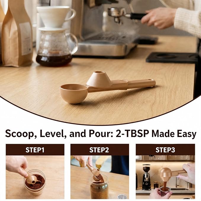 Coffee Scoop with Funnel for Reusable K Cup, 2 TBSP Measuring Spoon | Mess-Free Funnel Design, Sliding Leveler for Precise 2 TBSP, Long Handle for Coffee, Protein Powder & Tea (1-Pack)