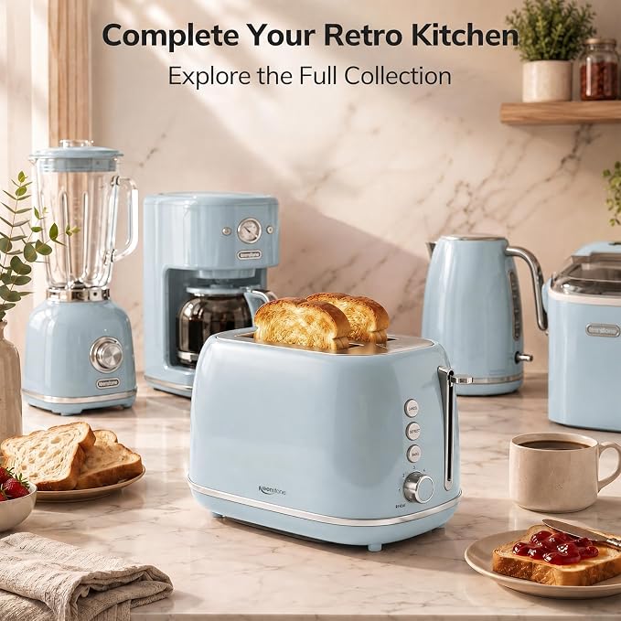 Retro 2 Slice Stainless Steel Toaster with 6 Bread Shade Settings, Bagel, Cancel, Defrost Function, Extra Wide Slot, Removable Crumb Tray, Blue