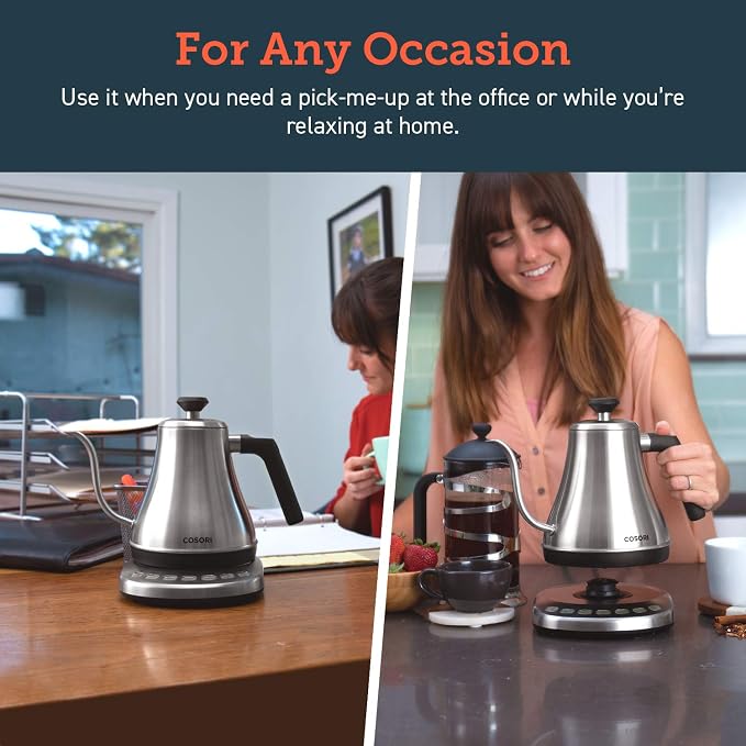 Cosori Gooseneck Electric Kettle with Temperature Control, 0.8L, Silver | No Plastic Contact with Water, 5 Presets, 60-Min Keep Warm, Pour Over Coffee & Tea, Stainless Steel Interior, 1200W