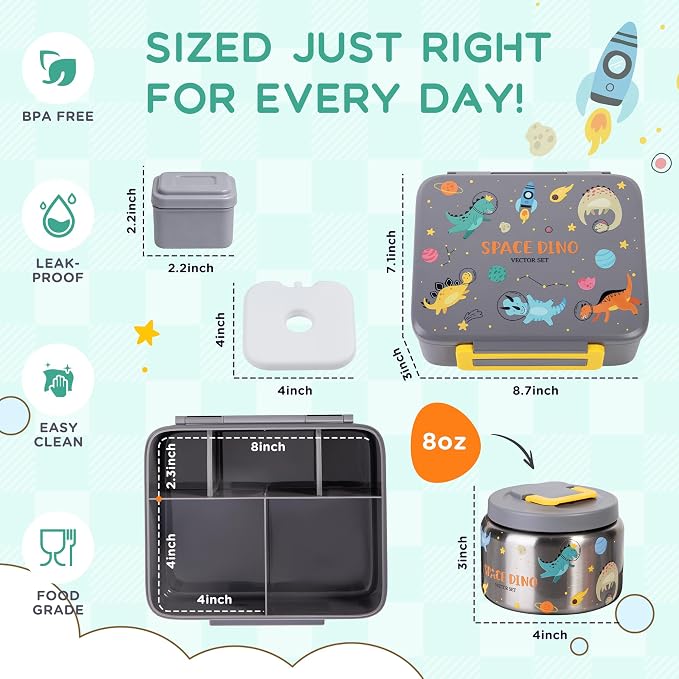 Kids Bento Lunch Box with 8oz Thermo, Ice Pack & Dividers for School | Food Container 5 Compartments,Insulated Food Jar,Keep Warm&Cold,Removable Dividers,Leak-Resistant,BPA-Free,Easy to Clean