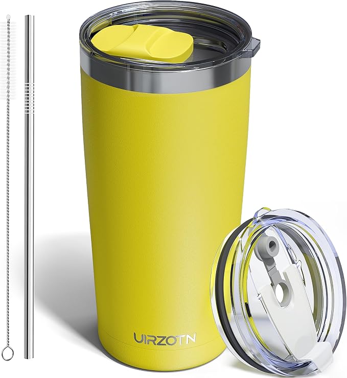 20oz Travel Coffee Tumbler with 2 Lids and Straw, Stainless Steel | Double Wall Vacuum Insulated Tumbler, Coffee Mug for Hot & Cold Drinks, Fits Most Car Cup Holders, Yellow