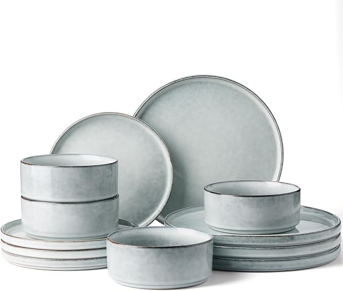 Famiware Annecy 12-Piece Stoneware Dinnerware Set, Grey Blue | Stoneware Plates and Bowls for 4, Handmade Reactive Glaze, Microwave & Dishwasher Safe, Chip & Scratch Resistant