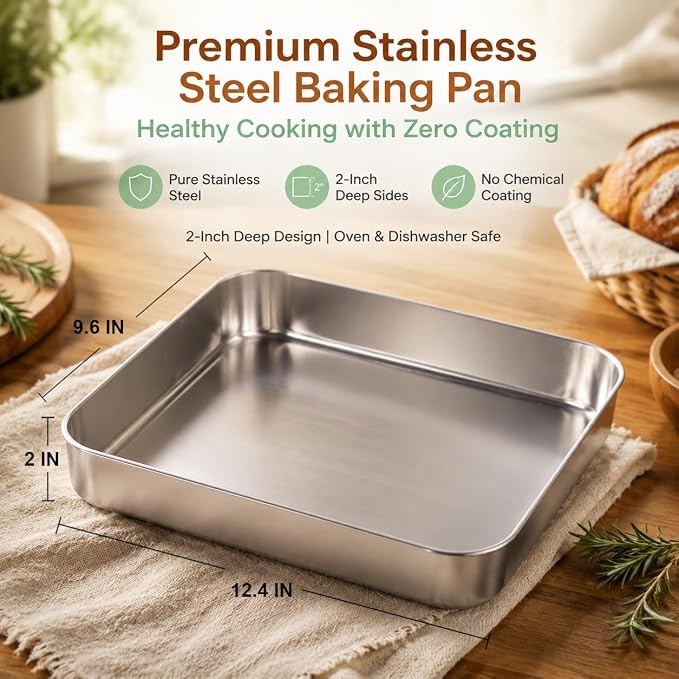 E-far 2 Pack Stainless Steel Baking Pans, 12⅓ x 9¾ x 2 Inch for Cake | Rectangular Deep Sheet Cake Pans for Lasagna Brownies Casseroles, Non-toxic & Healthy, Heavy Duty & Dishwasher Safe