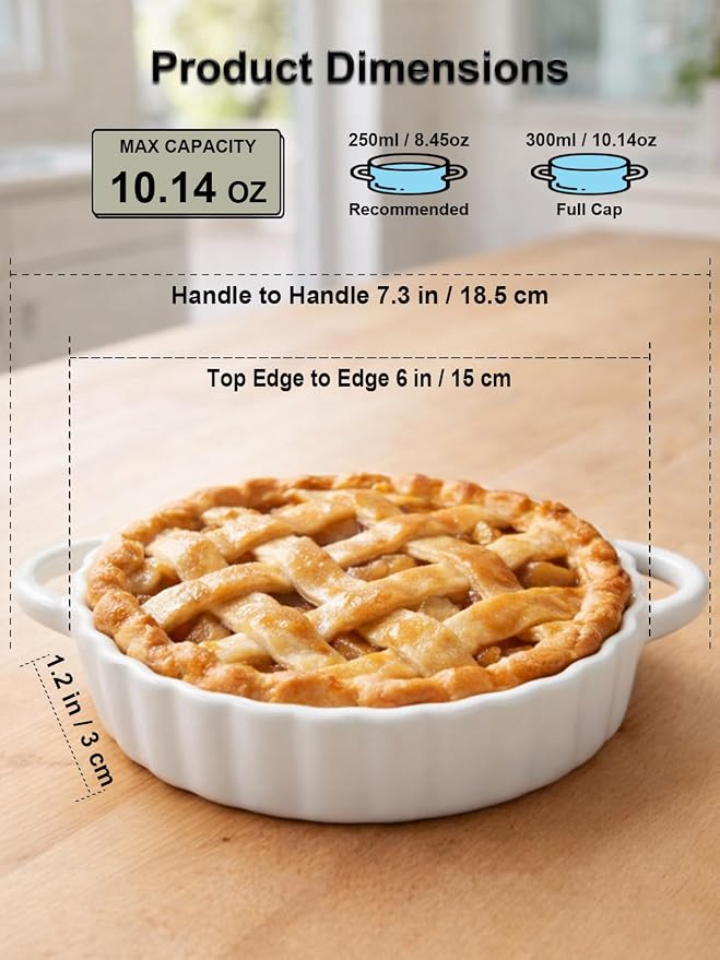 6in Ceramic Mini Pie Pan Set of 6 with Handles for Pie Quiche Tart. Easy to grip, Lead-Free. 10 oz Ramekins Dish for Creme Brulee, Soufflés; Gifts for Baking Enthusiast. Oven Dishwasher Safe
