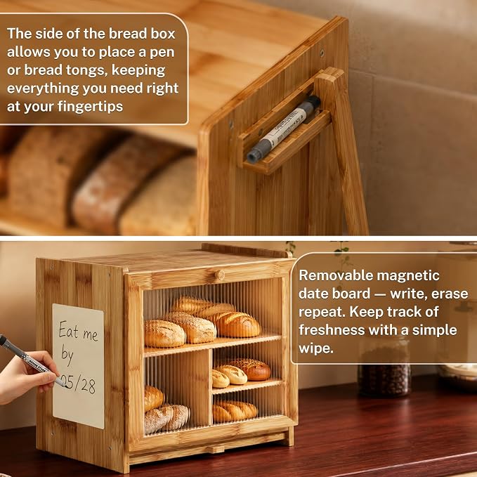 HOOMESUN Bread Box, Large Bread Storage Organizer for Kitchen Counter | Bamboo wood construction，Clear acrylic window，Farmhouse vintage style，Pantry and cabinet storage