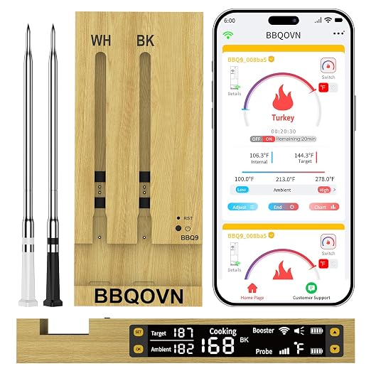 Smart Wireless Meat Thermometer,WiFi Unlimited Range Sub-1G (10X Stronger Than Bluetooth) 7 NIST-Certified Sensors ±0.5°F Accuracy with Smart Base for BBQ (Honey Bamboo, 1PACK)