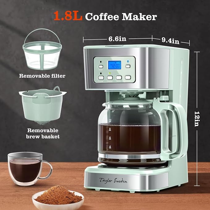 Taylor Swoden 12-Cup Programmable Coffee Maker, Green & Stainless Steel | Regular & Strong Brew Drip Coffee Machine for Home and Office, 24H Timer, Glass Carafe, Pause & Serve, Auto Shut Off
