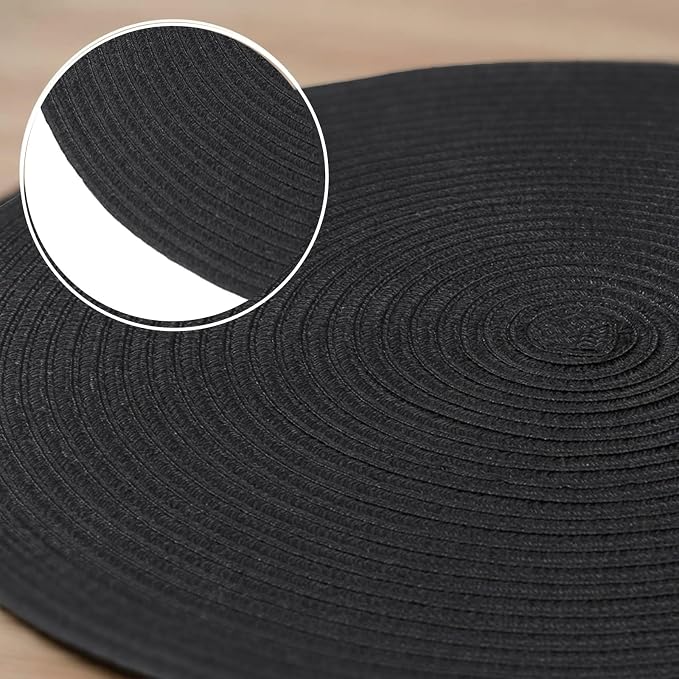 AHHFSMEI Round Braided Placemats Set of 6 Woven Table Mats for Dining Table Heat Resistant Easy to Clean Perfect for Kitchen & Home Decor (Black)