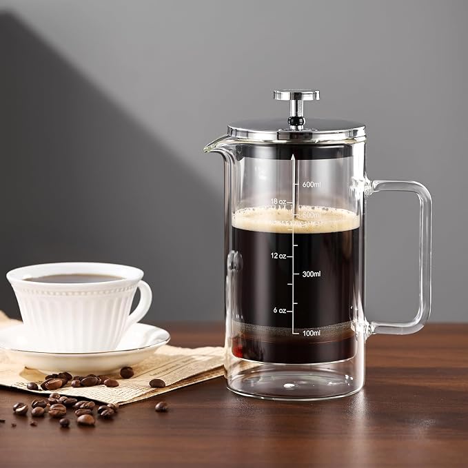 Bincoo French Press Coffee Maker 600ML,Double Wall Insulated Borolicate Glass French Press for Tea and Frothed Milk Press