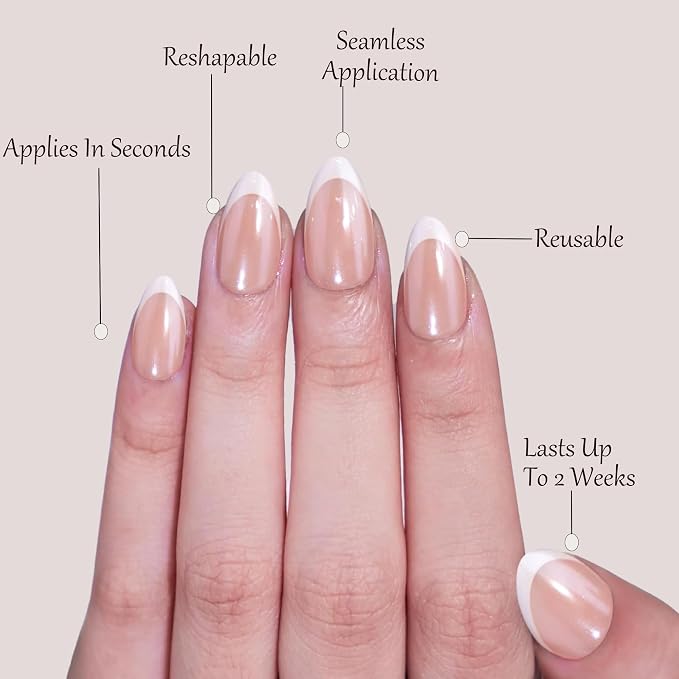French Tip Press On Nails,White Short Almond Reusable Stick On Nails | French Tip UV Finish Short Almond Fake Nails, Salon Quality Semi-Transparent Nails in 12 Sizes - 24 Nail Kit with Glue
