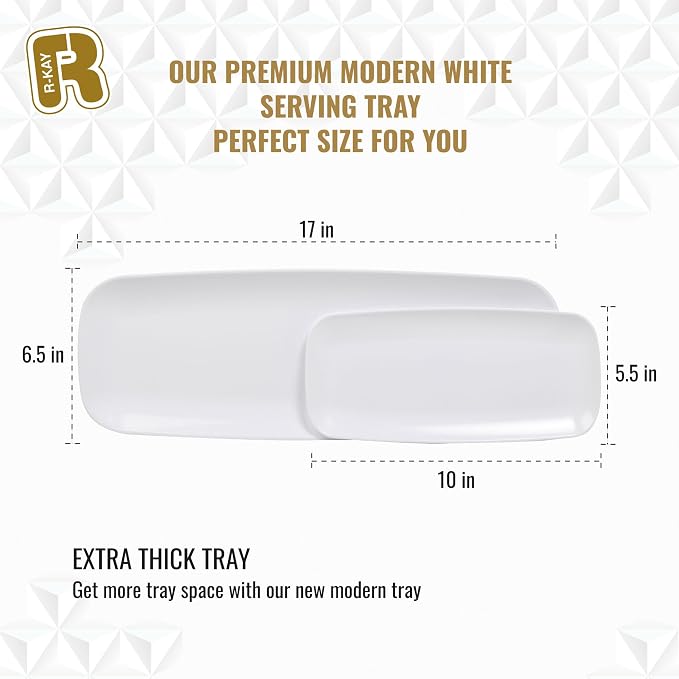 R-kay 4 Pack Plastic Serving Trays for Party - White Serving Tray 10 by 5.5 in - Heavy Duty Dessert Trays for Food - Rectangular Party Serving Trays - Premium Party Trays - White Platters