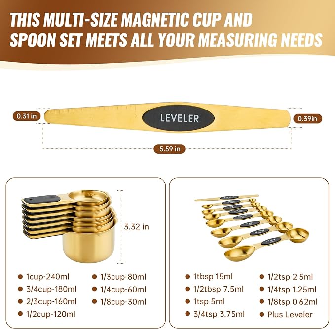 Stainless Steel Magnetic Measuring Cups and Spoons Set of 15 | Double Sided for Dry and Liquid Ingredients, BPA Free, Rust Resistant,Dishwasher Safe with Leveler for Baking and Cooking