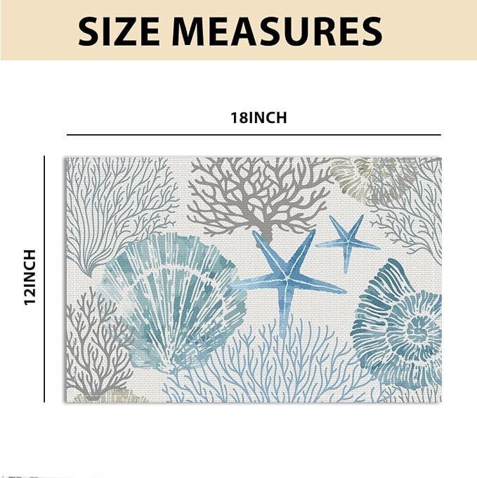 Nautical Plaacemats Set of 4, Starfish Beach Theme Ocean for Party Decor | Seashell Washable Non-Slip Heat Resistant 12X18 Inch Coastal Summer Place Mats Decorative Linen Fabric Table Mats