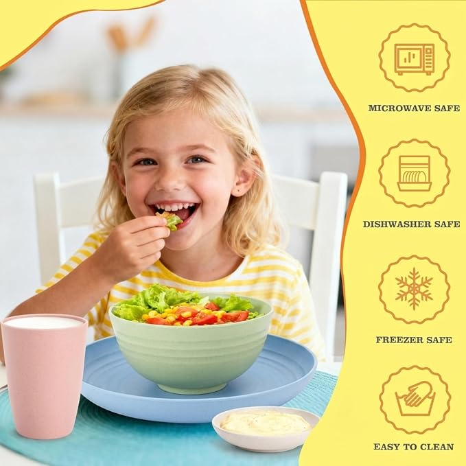 Wheat Straw Dinnerware Sets for 4, 16 Piece Unbreakable Kids Dinnerware Set, Toddler Plates and Bowls Sets, Kitchen Plates and Bowls Set, Lightweight Dish Set for Travel Camper Dishes - Colorful