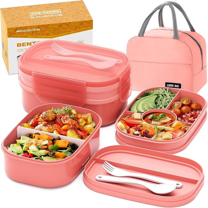 RIKDOKEN Bento Lunch Box, Stackable 2 Layers Containers with Compartments, Portable 64OZ Large Capacity Leakproof Bento Box with Spoon & Fork & Lunch Bag, Microwave Safe Lunch Box for Kids and Adults