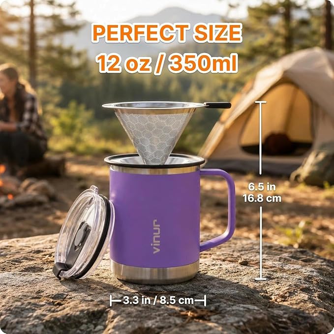 Pour Over Coffee Maker-12 oz Insulated Mug with Stainless Steel Filter | Stainless Steel Vacuum Insulated Coffee Maker With Stainless Steel Filter for Home, Camping, Gift for Men & Women (Purple)