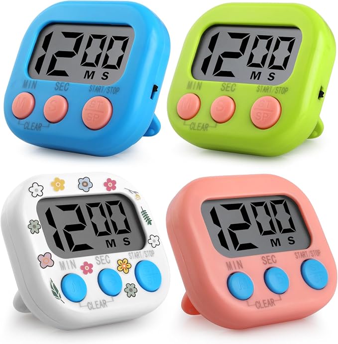 Kitchen Timers 4 Pack, Electronic Timers with Loud Alarm for Cooking, Magnetic Digital Timers Big LCD Display Blue Green Pink White (No Battery Included)