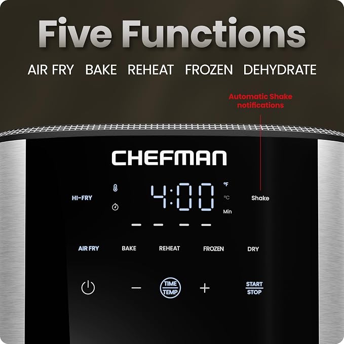 Chefman Air Fryer 6 Qt | TurboFry® 5-in-1 with 450°F Hi-Fry Option for Crispier Results | Bake, Dehydrate, Frozen | XL Nonstick Dishwasher-Safe Basket | Stainless Steel