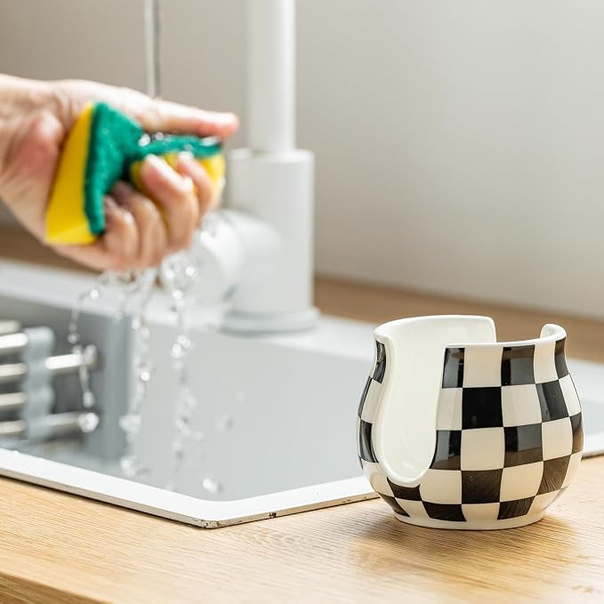 Zoeeker Sponge Holder for Kitchen Sink, Ceramic Checkered Sponge Organizer | Scrubby Caddy Kitchen Organizer Dish Brush Holder Cute Kitchen Gadgets Accessories, Farmhouse Kitchen Decor, Black and White