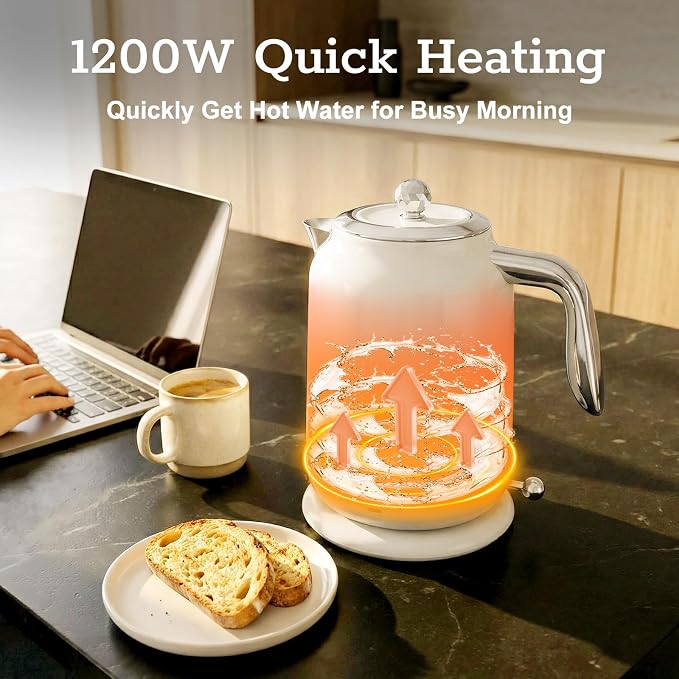 Electric Kettle with Thermometer, 1.7L White, 1200W | electric tea kettle with visible thermometer, stainless steel water-contact interior,cordless base for tea and coffee