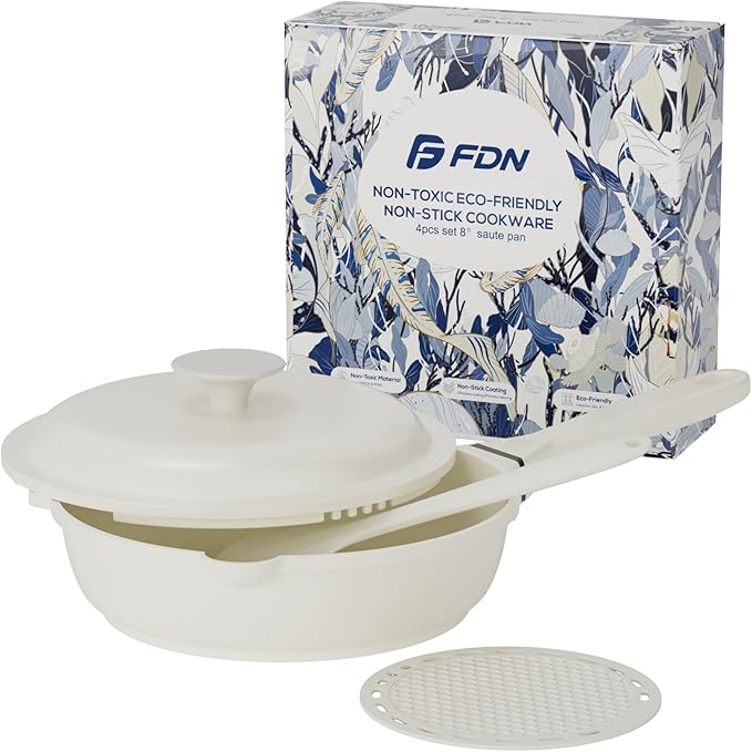 FDN 8" Ceramic Non Stick Frying Pans With Lid, Titanium Pans for Cooking, Non-Toxic PFAS-Free, Induction & Oven-Safe Cookware, Cream White For Daily Cooking