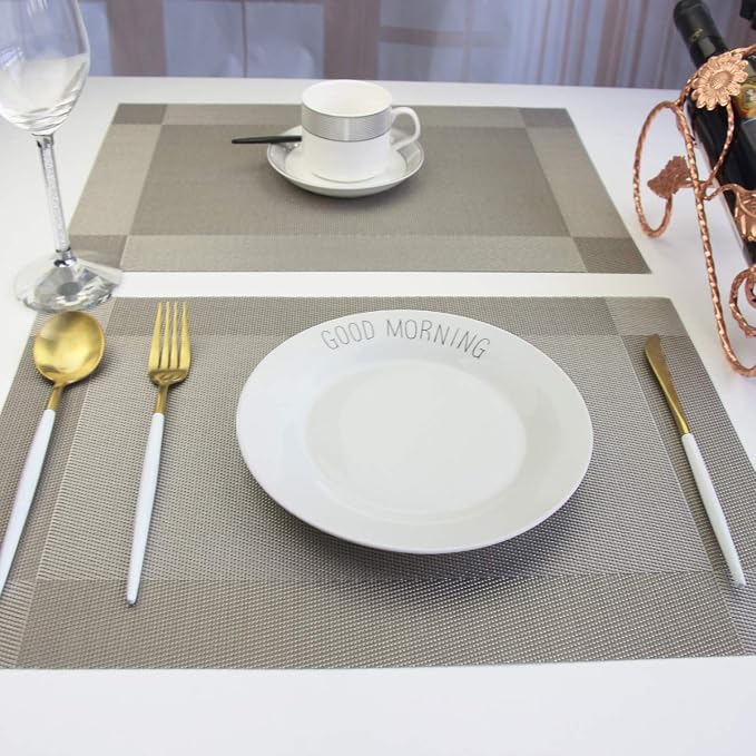 Vinyl Placemats Heat-Resistant Table Mats Washable Easy Clean Plastic Placemats for Dining Table Set of 6 (Gray)